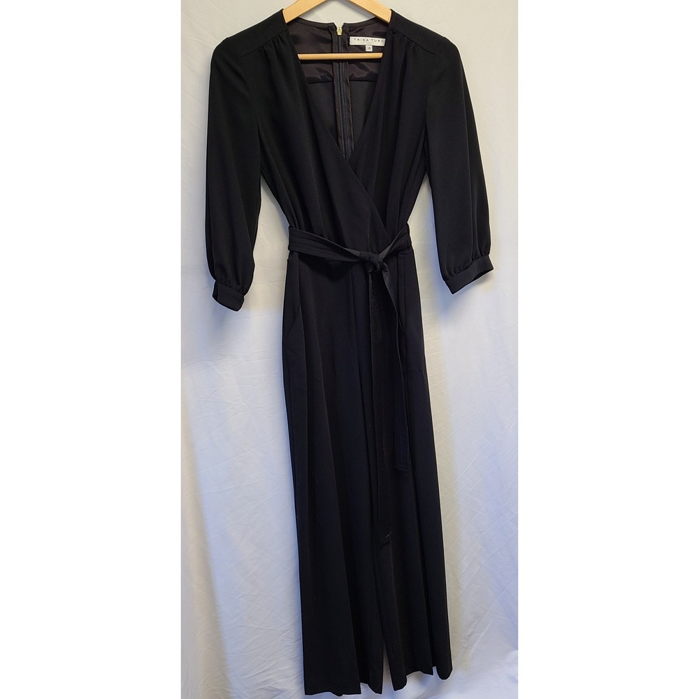 Trina Turk Size 4 Black Jumpsuit Tie-Waist Pockets Three Quarter Sleeves 298.00